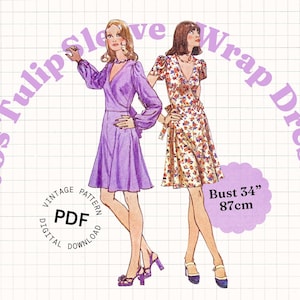 Vintage Sewing Pattern PDF – 70s Wrap Dress for Women with Gathered Puff or Tulip Sleeve and Swing Skirt (Bust 34")