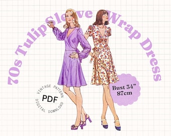 Vintage Sewing Pattern PDF – 70s Wrap Dress for Women with Gathered Puff or Tulip Sleeve and Swing Skirt (Bust 34")