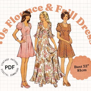 Puede incluir: Patrón de costura vintage para un vestido de estilo años 70 con volantes. El patrón incluye tres estilos de vestidos diferentes, todos con un escote cuadrado y mangas cortas. El patrón es para una talla de pecho de 81 cm.