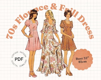 Sewing Pattern PDF Vintage – 70s Flounce Frill Dress pattern, princess seams, ruffles, mini or maxi, gathered bust, very prairie cottagecore