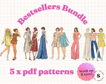 May include: Illustration of vintage fashion designs. The image features a collection of drawings of dresses, jumpsuits, and other garments. The text "Bestsellers Bundle" and "5 x pdf patterns" are displayed in pink. A pink flower-shaped graphic says "Stock up & save!"