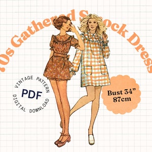 Könnte beinhalten: Ein Vintage-Schnittmuster für ein gerafftes Smockshirt aus den 70er Jahren im PDF-Format. Das Schnittmuster ist für eine Brustweite von 87 Zentimetern (34 Zoll) ausgelegt. Das Schnittmuster zeigt zwei Frauen, die das Kleid in verschiedenen Mustern tragen.