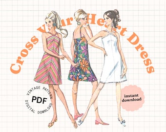 Patrón de costura vintage PDF, vestido halter años 60, patrón vestido años 70, patrón de costura vestido verano, patrón vestido vintage fácil, plan de costura gratis