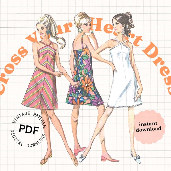 Vintage Sewing Pattern PDF, 60s Halter Dress, 70s Dress Pattern, Summer Dress Sewing Pattern, Easy Vintage Dress Pattern, Free Sewing Plan