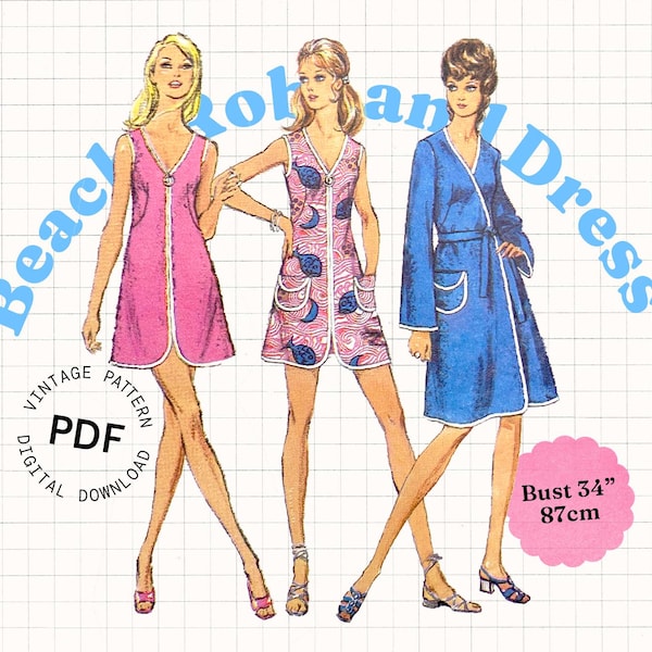 Schnittmuster PDF Vintage – 60er 70er Jahre Schnittmuster Minikleid, Strandkleid, Frottee, Sommerkleid mit Reißverschluss vorne, digitales Schnittmuster einfach
