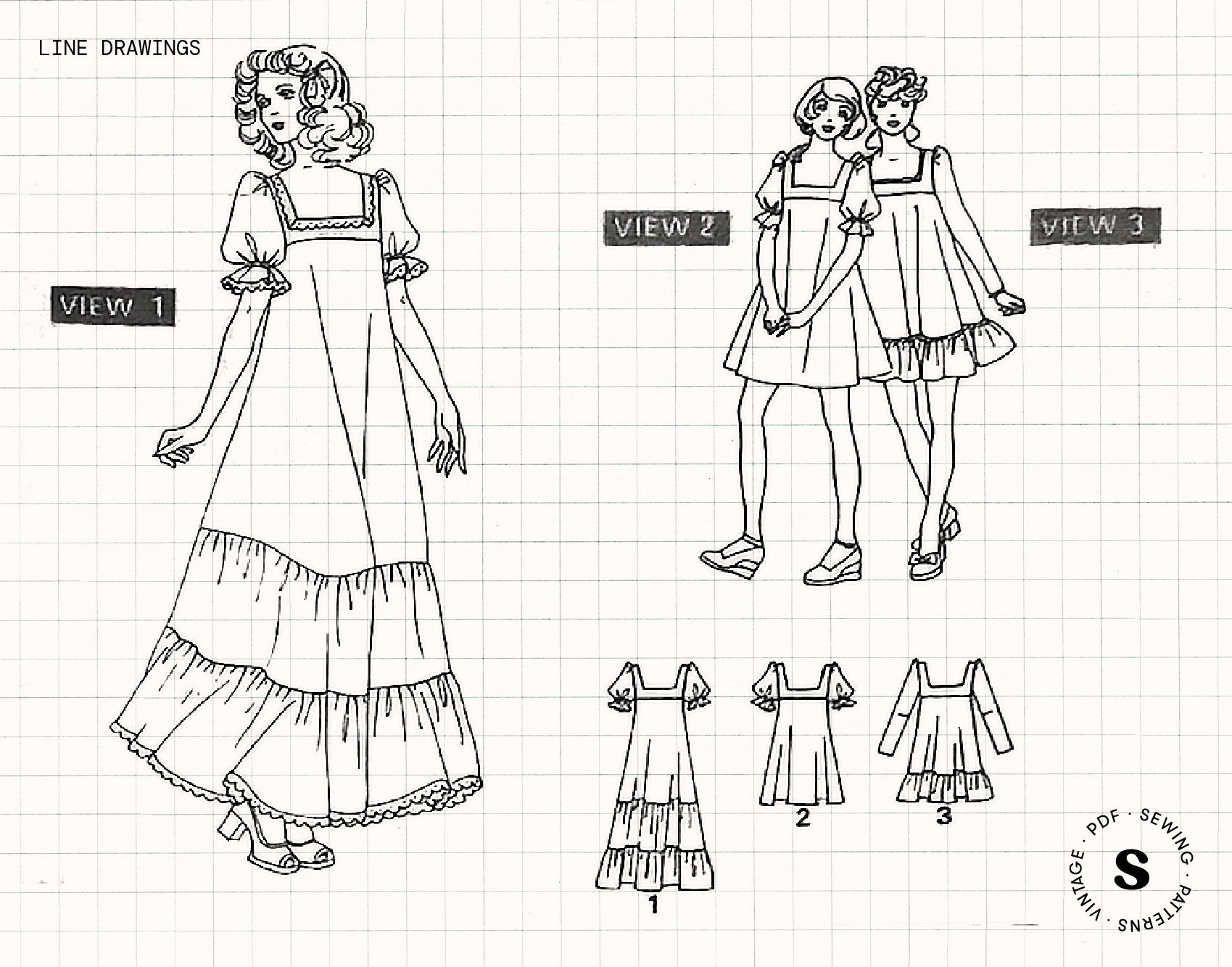 Sewing Pattern PDF Vintage – 70s Dress Pattern, Maxi Mini