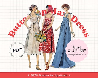 TALLA 8-16 Patrón de costura vintage PDF, vestido maxi de los años 70, vestido midi, vestido con corbatas, vestido con botones, vestido francés, patrón de costura digital