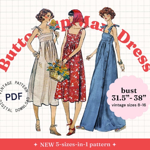 Sewing Pattern PDF Vintage 70s Maxi Dress, Dress With Ties, Button Up, Ruffle Pleated Dress Pattern, Size 8-16, French Chic Midi Dress - Etsy Sewing Pattern PDF Vintage 70s Maxi Dress, Dress With Ties, Button Up, Ruffle Pleated Dress Pattern, Size 8-16, French Chic Midi Dress - Etsy