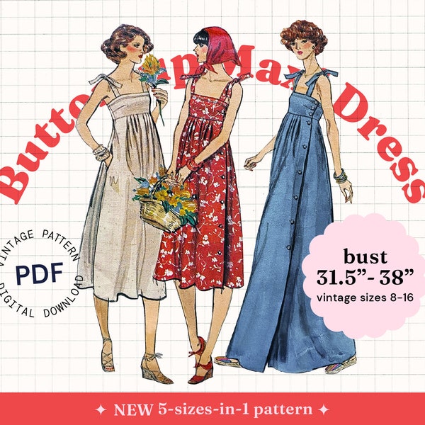 SIZE 8-16 Vintage Sewing Pattern PDF, 70s maxi dress, midi dress, dress with ties, button up dress, french dress, digital sewing pattern