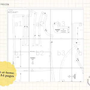 May include: A black and white sewing pattern for a dress, with the text "Print-at-home: 36x A4 pages" in a yellow circle. The pattern is labeled with letters and numbers, and includes instructions for sewing the dress.