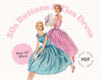 Patrón de costura PDF Vintage – Patrón de vestido retro clásico de los años 50, pin-up rockabilly, sin mangas, largo midi, falda amplia fruncida, lazos en los hombros
