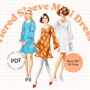 Patrón de costura PDF Vintage – Vestido mini de los años 60 con mangas abullonadas, mangas escalonadas, mangas fruncidas