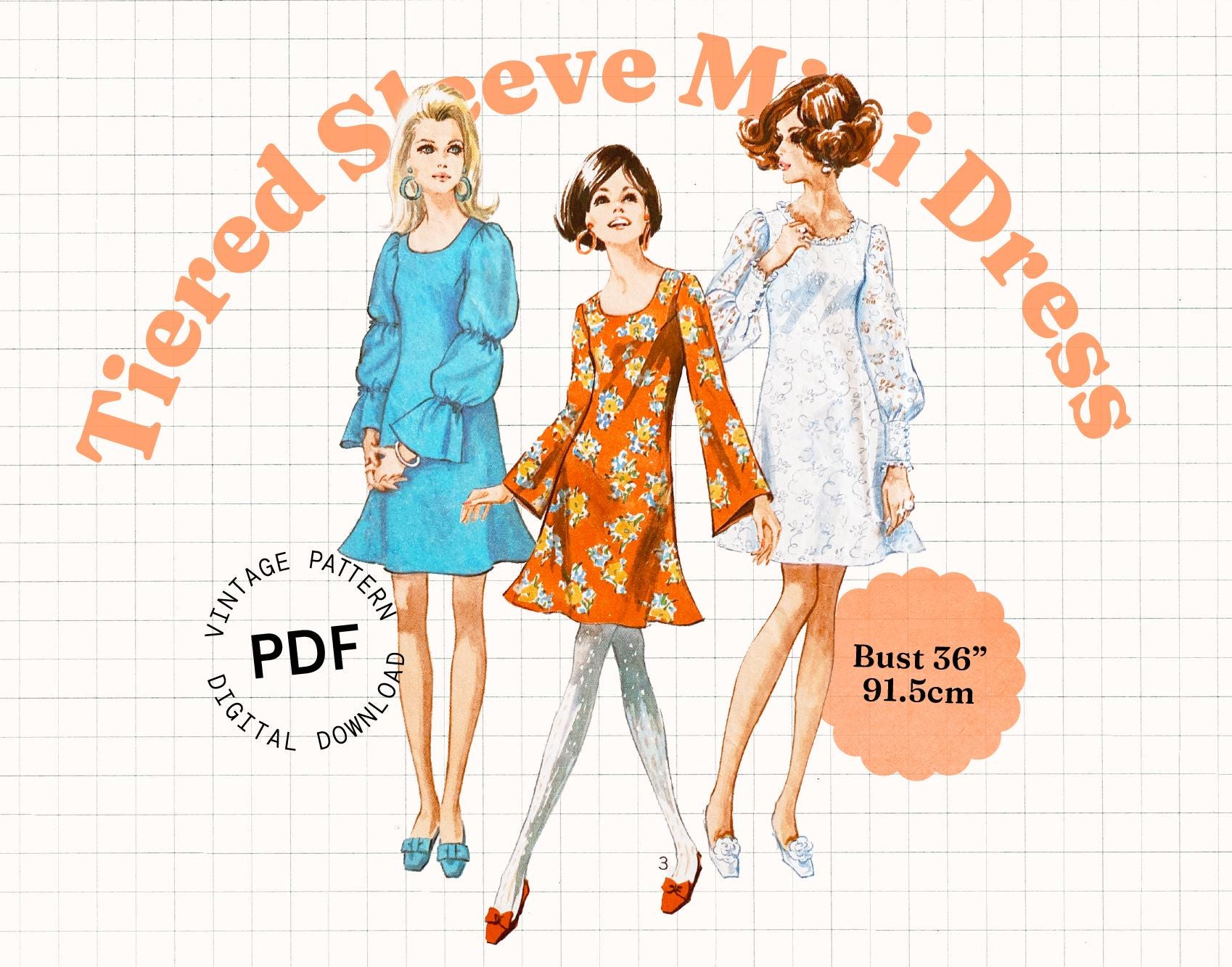 knee length dresses for ladies Retro Funky Groovy Mid Mod Hippie Boho Midi Dress, 1960s Hippie Floral Mod Dress with Pockets main image 0