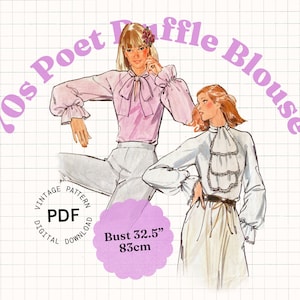 Symönster PDF Vintage – 70-tals damblusmönster, volangärmar, rosett, halsband, romantisk, cottagecore