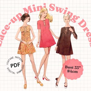 Sewing Pattern PDF Vintage – 70s Mini Dress, lace up sleeves, 60s retro dress, womens sewing pattern woman clothes pattern with instructions