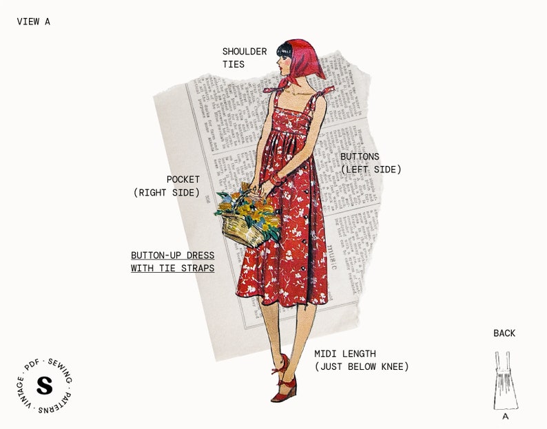 Patrón de costura vintage PDF, vestido maxi años 70, vestido midi, vestido con corbatas, vestido abotonado, vestido francés, patrón de costura digital imagen 2
