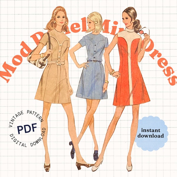 Vintage Sewing Pattern PDF, 60s Mod Mini Dress, Digital Pattern, 70s dress, Bust 32, Retro Style, Vintage Dress Pattern, Colorblock Dress