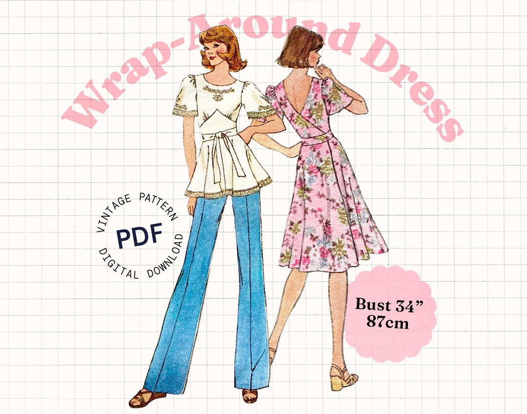 Vintage Sewing Pattern PDF – 70s Wrap Dress or Top for Women (bust 34 ...