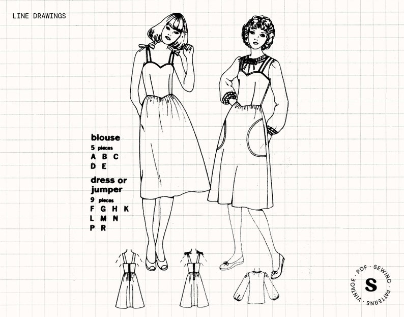Sewing Pattern PDF Vintage – 70s Dress, Basque V Waist, Sweetheart Neck ...