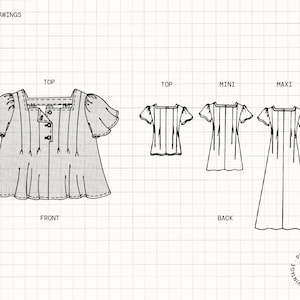 May include: Line drawing pattern for a top, mini dress, and maxi dress. The top has a square neckline, short sleeves, and a button closure. The dresses have a V-neckline and short sleeves.