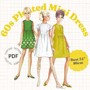 以下が含まれることがあります： ヴィンテージ 60 年代 プリーツ ミニ ドレス ソーイング パターン PDF デジタル ダウンロード。パターンには、緑、白、黄色の 3 つの異なるドレス スタイルが含まれています。バストサイズ 86 cm。