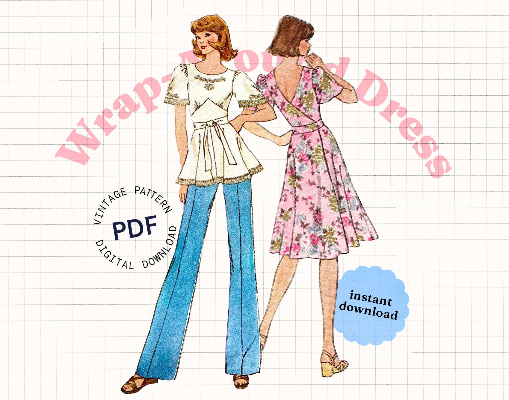 70s GAP Vintage Sand Wrap Maxi Dress Pattern main image 0