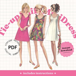 Sewing Pattern PDF Vintage – 60s Mini Dress, tie straps, shoulder bows, easy summer sundress pattern, instructions, 60s mod, cute simple.