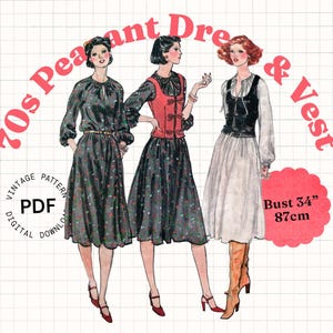 Sewing Pattern PDF Vintage – 70s en vogue peasant style dress with neckties and waistcoat vest with front ties, dark academia vibes