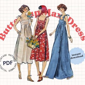 Patrón de costura vintage PDF, vestido maxi años 70, vestido midi, vestido con corbatas, vestido abotonado, vestido francés, patrón de costura digital imagen 1