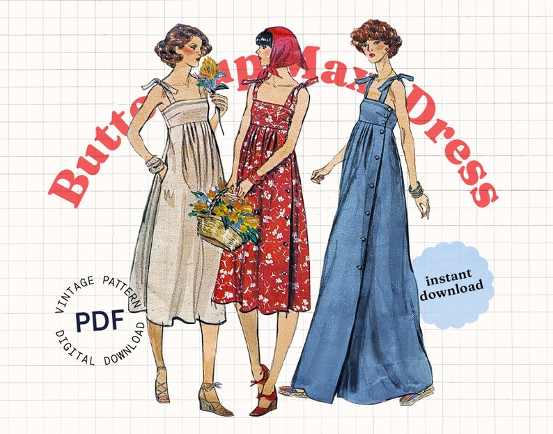 Patrón de costura vintage PDF, vestido maxi años 70, vestido midi, vestido con corbatas, vestido abotonado, vestido francés, patrón de costura digital imagen 1