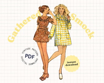 Vintage Sewing Pattern PDF, 70s Smock Mini Dress, Digital Pattern, 60s Dress, Bust 34, retro style, vintage pattern, womens top pattern