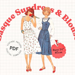 May include: Vintage PDF sewing pattern for a Basque sundress and blouse. The pattern includes instructions for a white sundress with a floral print and a blue denim blouse with a white collar. The pattern is for a bust size of 34 inches or 87 cm.