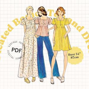 Modello di cucito PDF Vintage – Modello di abito lungo mini anni '70, abito plissettato, maniche a sbuffo, arricciato, abito con pieghe, modello di top plissettato, top da donna