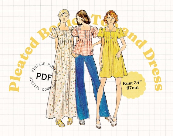 Sewing Pattern PDF Vintage – 70s maxi mini dress pattern, pleated dress, puff sleeves, gathered, pintuck dress, pleat top pattern, women top
