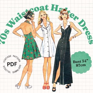 Può includere: Illustrazione di modello di cucito PDF vintage con tre donne che indossano abiti 70s Waistcoat Halter. La misura del busto è di 87 cm. Gli abiti sono verdi, bianchi e neri. Il testo recita "Vintage Pattern Digital Download".