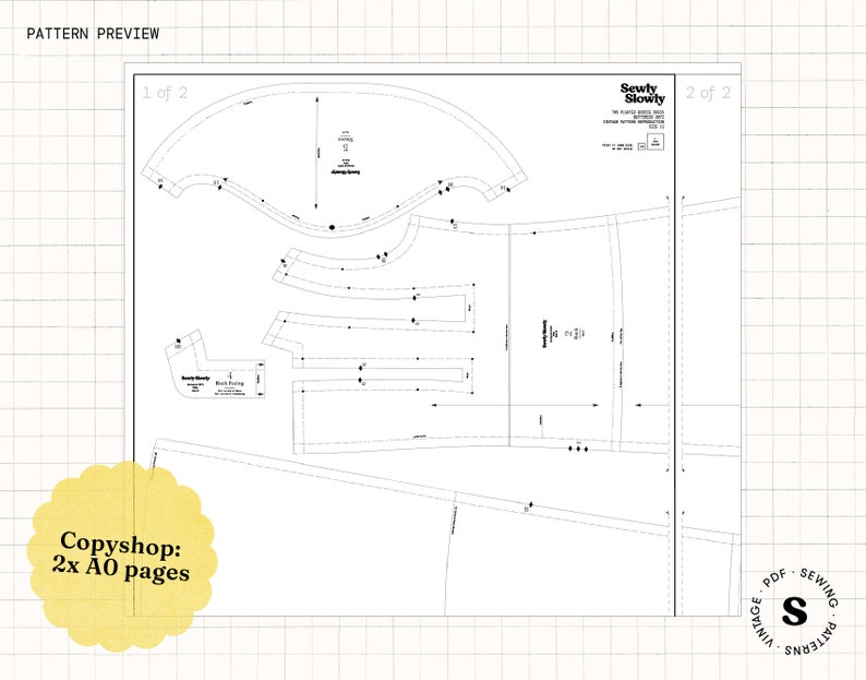 May include: A black and white sewing pattern for a dress, with the text "Sew Slowly" and "Vintage PDF Sewing Patterns" on the page. The pattern is labeled "1 of 2" and "2 of 2".