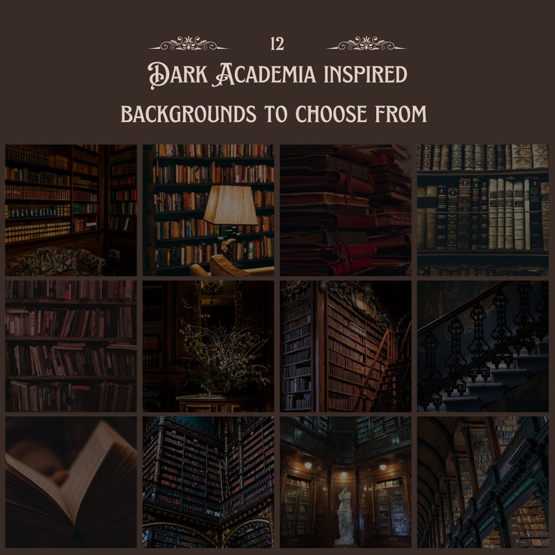 May include: Twelve dark academia inspired backgrounds featuring images of bookshelves, libraries, and old books. The images are in a dark, moody style.