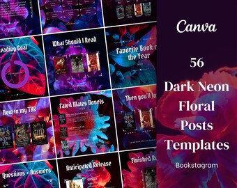 Bookstagram posts template Canva - Dark Neon Florals | Bookish template Instagram