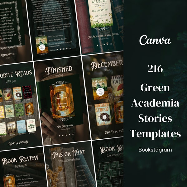 216 Bookish Instagram Story Template Canva - Dark Green Academia | Bookstagram Template