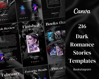 Pode incluir: Uma colagem de nove imagens mostrando modelos de bookstagram para histórias de romance sombrio. As imagens apresentam capas de livros, texto e avaliações. O texto inclui "216 modelos de histórias de romance sombrio" e "Bookstagram".