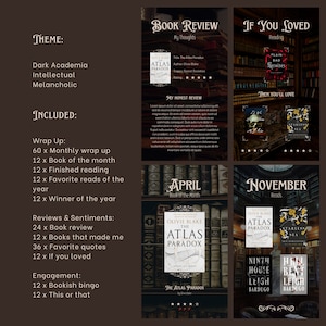 May include: A graphic design for a book review planner with a dark academia theme. The planner includes a monthly wrap-up, book of the month, finished reading, favourite reads of the year, winner of the year, book reviews, books that made me, favourite quotes, if you loved, bookish bingo, and this or that. The planner features a book cover for "The Atlas Paradox" by Olivia Blake.