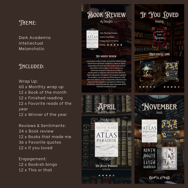 May include: A graphic design for a book review planner with a dark academia theme. The planner includes a monthly wrap-up, book of the month, finished reading, favourite reads of the year, winner of the year, book reviews, books that made me, favourite quotes, if you loved, bookish bingo, and this or that. The planner features a book cover for "The Atlas Paradox" by Olivia Blake.