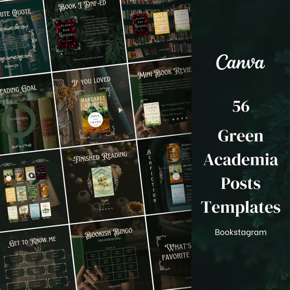 Bookstagram Posts Template Canva - Dark Green Academia | Bookish template Instagram