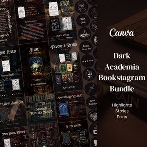 Puede incluir: Un collage de imágenes para un paquete de Bookstagram de Dark Academia. Las imágenes presentan portadas de libros, citas y otros elementos literarios en una estética oscura y melancólica. El texto "Dark Academia Bookstagram Bundle" se muestra en una fuente grande en la parte inferior de la imagen.
