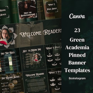 May include: 23 green and black banner templates for bookstagram with text that says "Welcome Readers", "Get to Know Me", "My Top Recs", "My Rating Scale", "What I Post", and "Welcome Reader!"