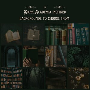 K&ouml;nnte beinhalten: Eine Collage aus 12 Bildern mit Hintergr&uuml;nden im Dark-Academia-Stil. Die Bilder zeigen B&uuml;cher, ein B&uuml;cherregal, einen Wald und eine Person, die ein Buch liest. Der Text "12 DARK ACADEMIA INSPIRED BACKGROUNDS TO CHOOSE FROM" befindet sich oben in der Collage.