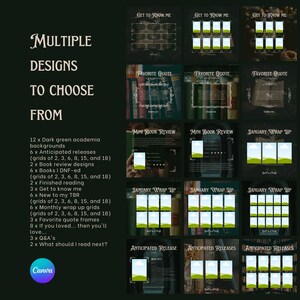 K&ouml;nnte beinhalten: Eine digitale Grafikdesign-Vorlage f&uuml;r soziale Medien mit einer Vielzahl von Layouts f&uuml;r Buchrezensionen, Lese-Updates und mehr. Die Vorlagen verf&uuml;gen &uuml;ber einen dunkelgr&uuml;nen Hintergrund mit einem dekorativen Rahmen und einer Vielzahl von Textfeldern und Bildern.