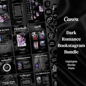 Könnte beinhalten: Ein dunkles, graustufiges Canva-Vorlagenpaket für ein Dark Romance Bookstagram. Das Design umfasst Highlights, Stories und Beiträge. Der Text enthält "Dark Romance Bookstagram Bundle", "Highlights", "Stories" und "Posts".