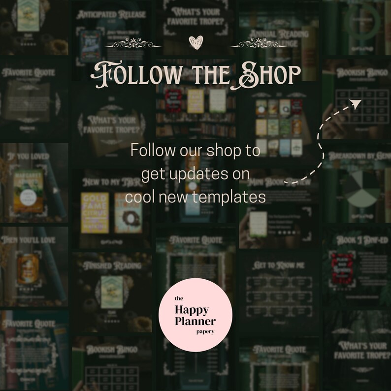 K&ouml;nnte beinhalten: Eine Collage aus druckbaren Planer-Vorlagen mit gr&uuml;nem Hintergrund. Der Text "FOLLOW THE SHOP" ist in einer dekorativen Schriftart. Der Text "Follow our shop to get updates on cool new templates" befindet sich unter dem Titel. Der Text "the Happy Planner papery" befindet sich in einem rosa Kreis.