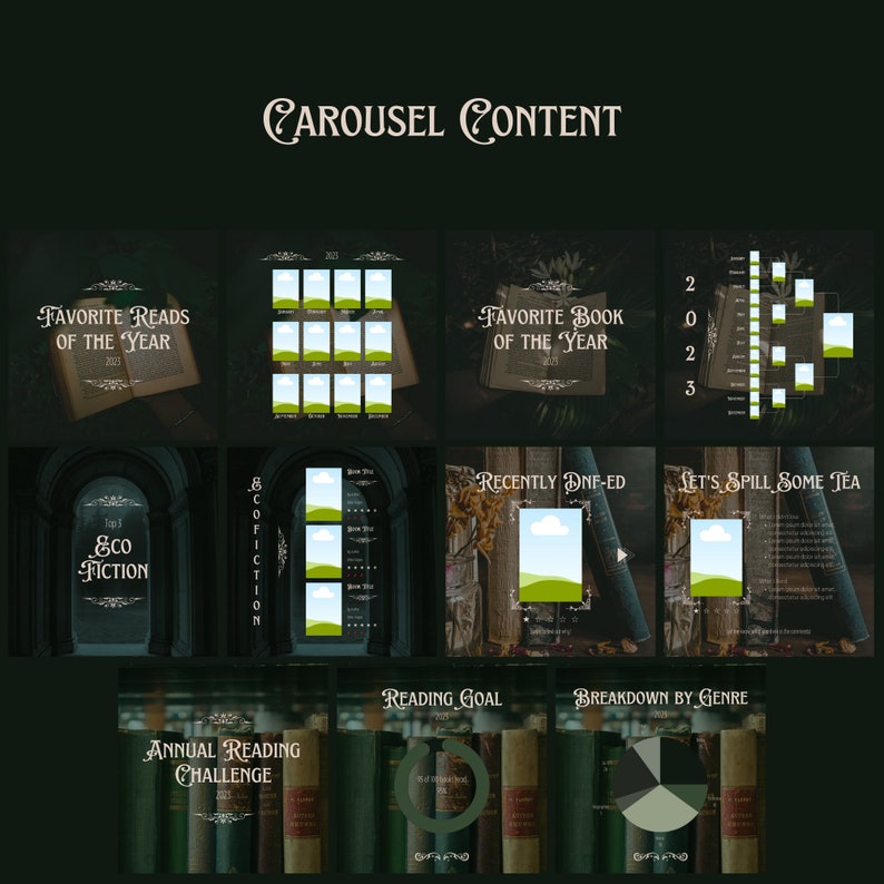 Social Media Template, Bookish Posts Template, Pinned Posts, Canva template, Green Academia, Meet the reader, Engagement posts, Book review, this or that, book bingo, book of the month, Bookstagram Template, Instagram Stories, Highlight Covers
